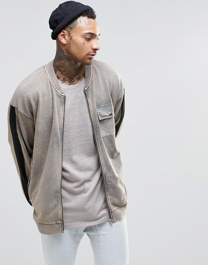 Asos Oversized Jersey Bomber Jacket With Wash & Taping - Pink