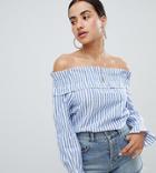 Boohoo Bardot Shirred Cuff Stripe Top - Multi