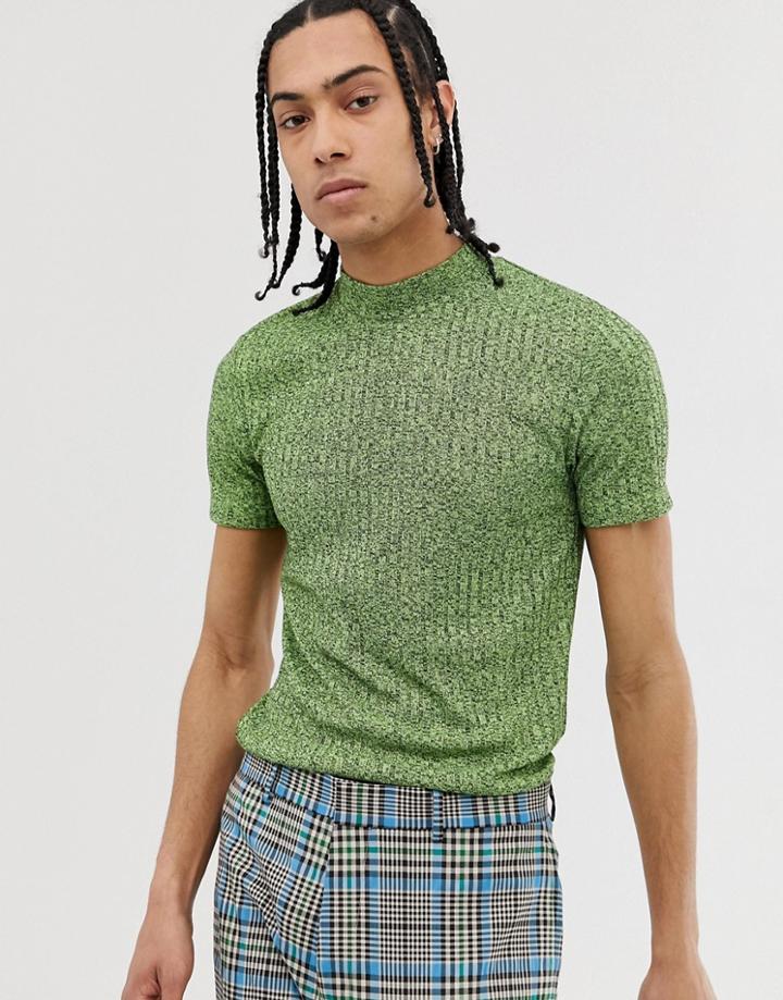 Asos Design Muscle T-shirt With Stretch And Turtleneck In Interest Rib In Green - Green