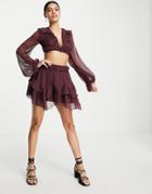 Asos Design Chiffon Mini Skirt With Elasticized Waist In Burgundy - Part Of A Set-red