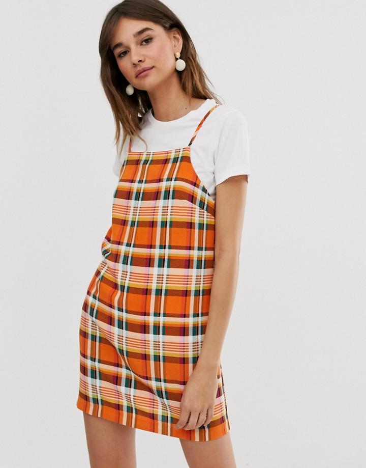 Monki Check Print Mini Cami Dress In Orange - Orange