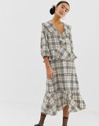 Monki Frill Detail Midi Dress In Check Print - Beige