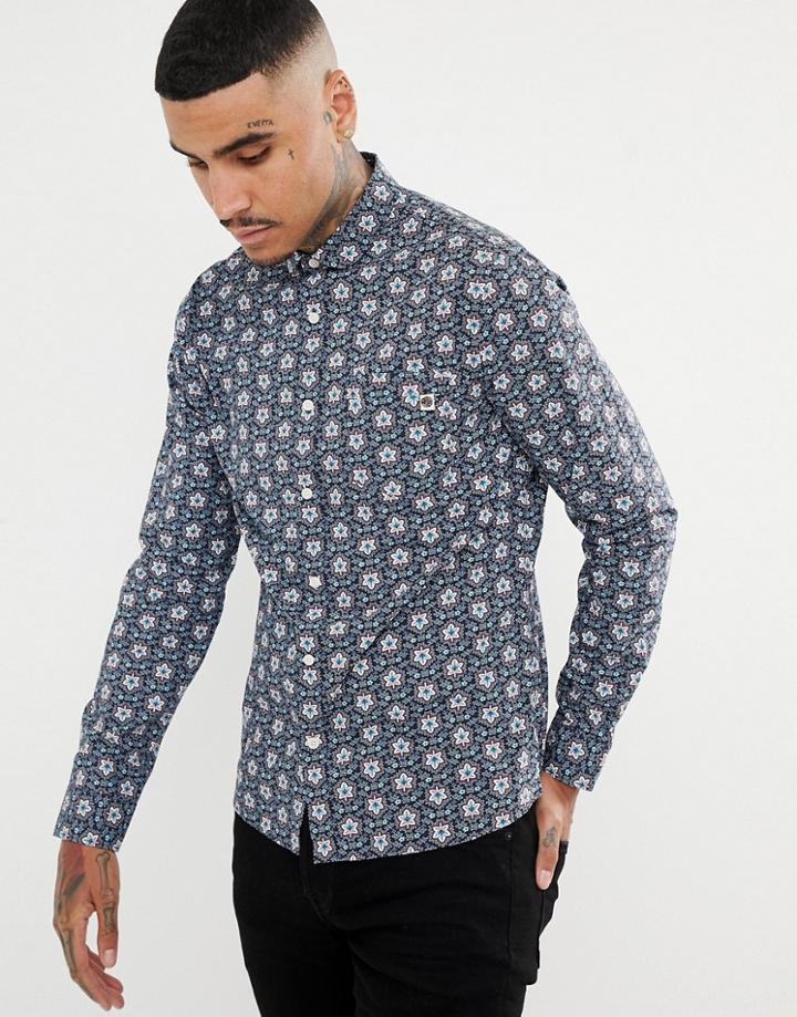 Pretty Green Slim Fit Floral Print Shirt In Navy - Navy