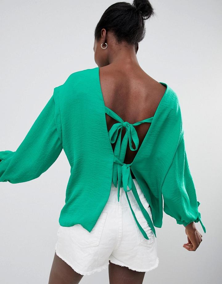 Asos Design T-shirt With Tie Back Detail In Linen Look-green