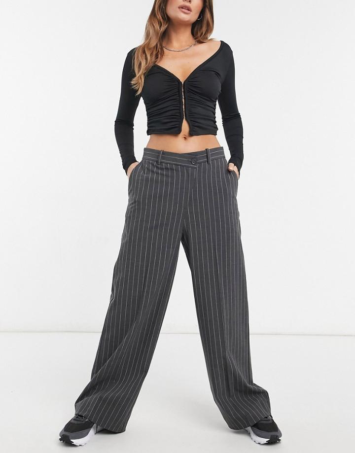 Weekday Luxa Skew Asymmetric Pinstripe Wide Leg Pants In Gray-grey