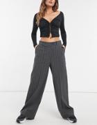 Weekday Luxa Skew Asymmetric Pinstripe Wide Leg Pants In Gray-grey