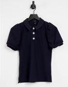 River Island Puff Sleeve Textured Polo Top In Navy