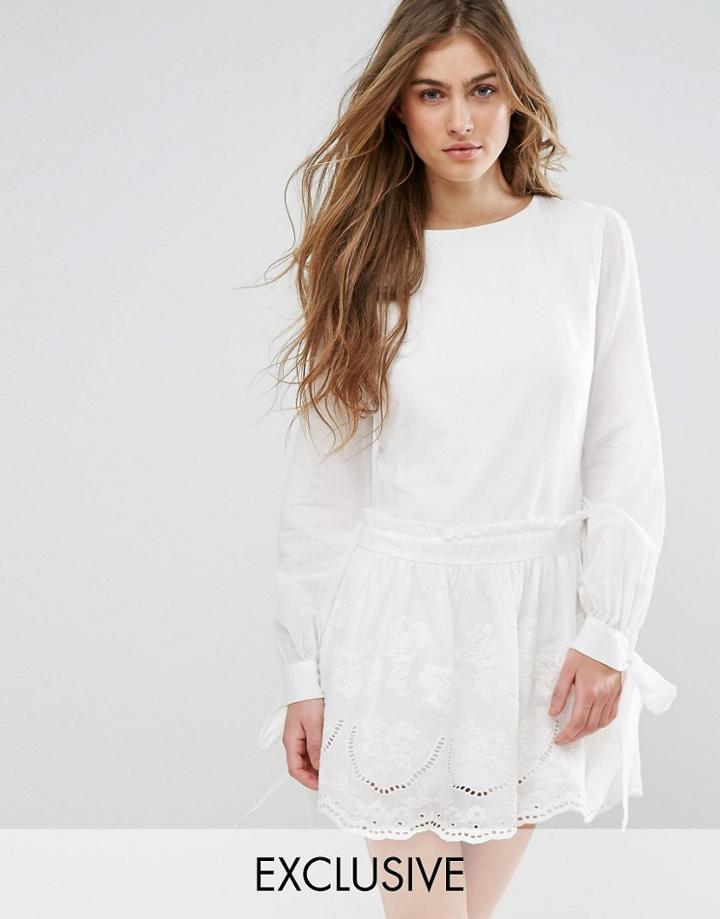 Missguided Broderie Tie Sleeve Smock Dress - White