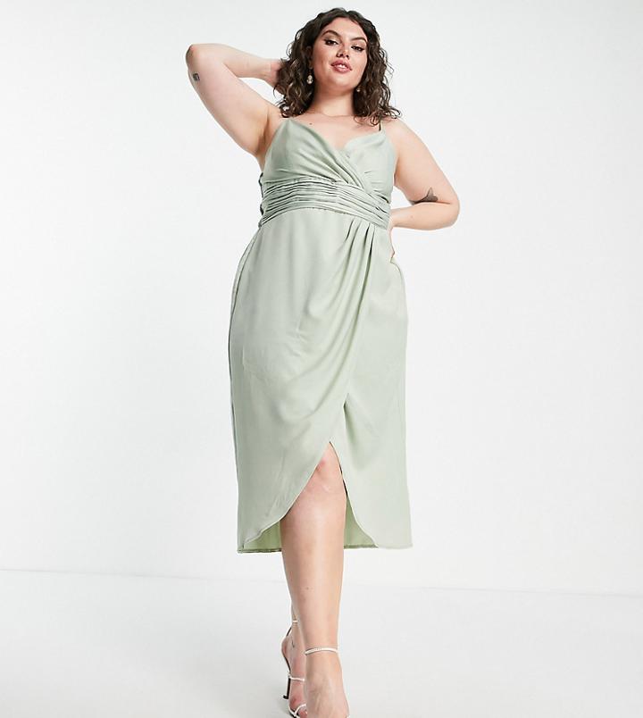 Little Mistress Bridesmaid Plus Satin Wrap Dress In Sage Green