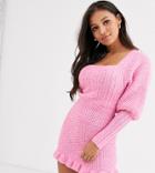 Asos Design Petite Cable Knit Mini Dress With Volume Sleeve