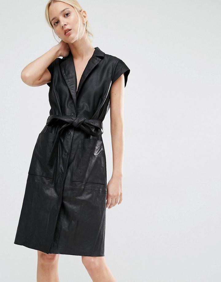 Gestuz Leather Dress Coat With Self Tie - Black