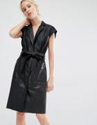 Gestuz Leather Dress Coat With Self Tie - Black