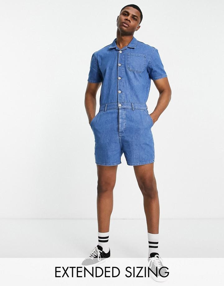 Asos Design Short Denim Boilersuit In Mid Wash Blue-blues