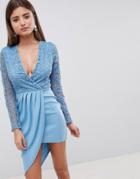 Club L Crochet Detailed Wrap Over Asymmetric Dress - Blue