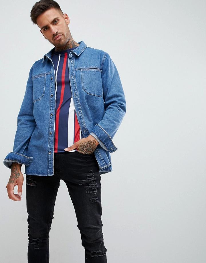 Boohooman Denim Utility Shirt In Blue Wash - Blue