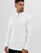 Asos Design Rib Long Sleeve T-shirt With Turtle Zip Neck In White - White