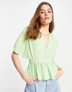 Asos Design Textured Plunge Front Top With Elastic Waist Detail In Apple Green