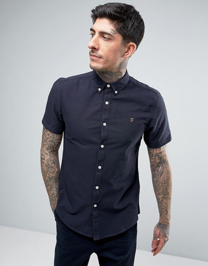 Farah Brewer Short Sleeve Shirt Oxford Slim Fit Buttondown In Navy - Navy