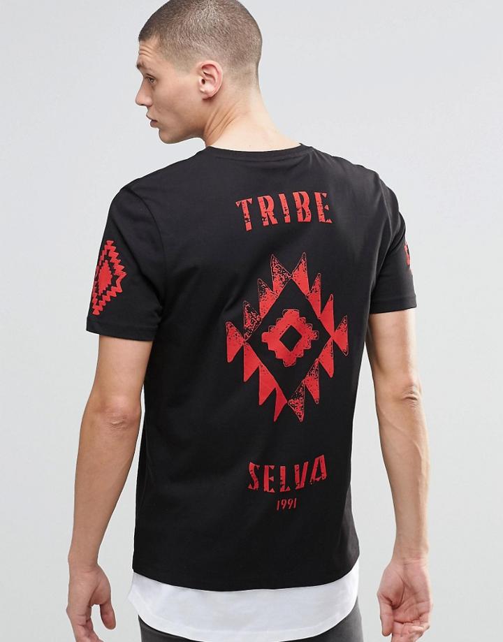 Asos Super Lopngline T-shirt With Red Tribe Print And Curved Contrast Hem - Black