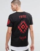 Asos Super Lopngline T-shirt With Red Tribe Print And Curved Contrast Hem - Black