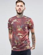 Asos T-shirt With All Over Tiger Print In Linen Look - Red