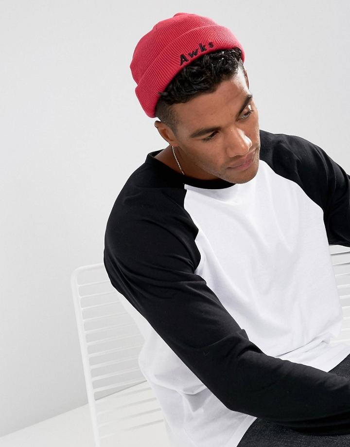 Asos Mini Fisherman Beanie In Pink With Awks Embroidery - Pink