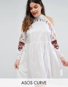 Asos Curve Embroidered Cold Shoulder Dress - White