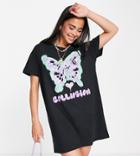 Collusion Warped Butterfly T-shirt Dress In Black
