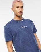 Asos Design Relaxed T-shirt In Navy Acid Wash With Text Embroidery
