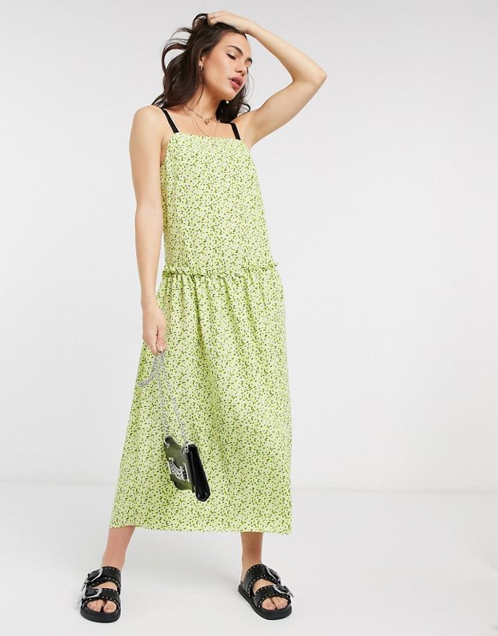 Topshop Dropped Waist Midi Dress In Lime-green