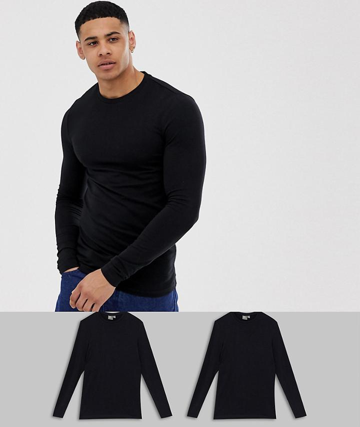 Asos Design Organic Muscle Fit Long Sleeve Crew Neck T-shirt With Stretch 2 Pack Multipack Saving - Black