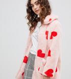 Daisy Street Coat With All Over Hearts In Faux Fur - Pink