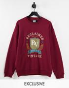 Reclaimed Vintage Inspired Unisex Oversized Sweatshirt With Varsity Embroidery In Burgundy