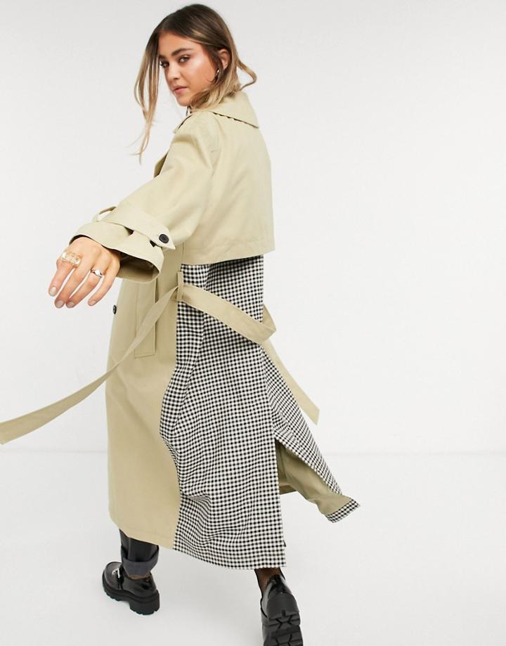 Asos Design Check Spliced Oversized Trench Coat In Stone-neutral