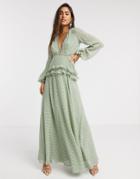 Asos Design Jacquard Tiered Maxi Dress With Lace Trim Detail In Sage-green
