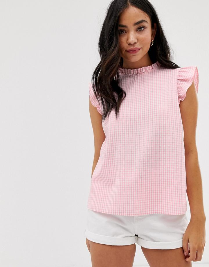 New Look Frill Edge Top In Pink Gingham