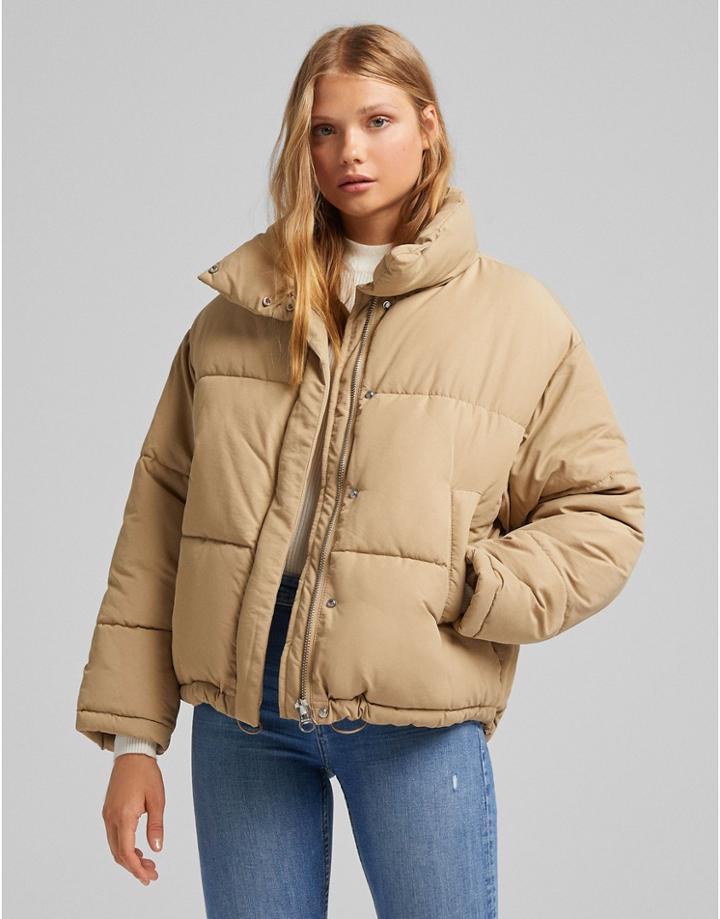 Bershka Oversized Padded Puffer Jacket In Camel-brown