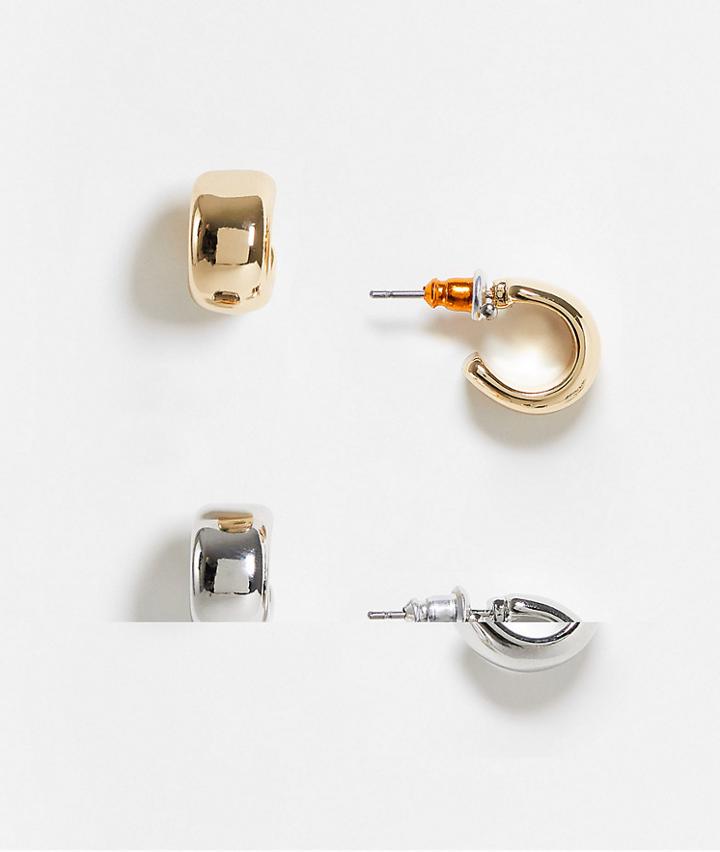 Asos Design Pack Of 2 Mini Hoop Earrings In Silver And Gold Tone-multi