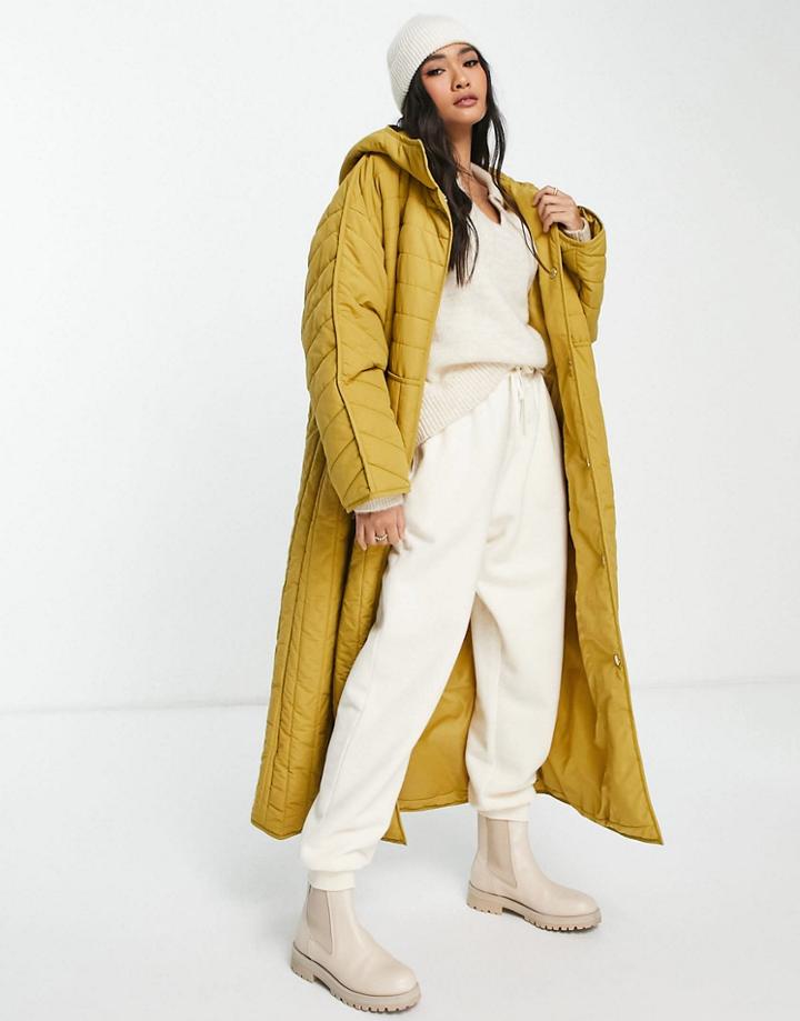 Asos Edition Longline Quilted Jacket With Hood In Ochre-yellow