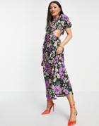 Asos Design One Shoulder Cut-out Detail Maxi Dress In Bright Purple Floral Print