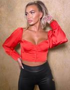 Odolls Collection Satin Volume Sleeve Sweetheart Neck Crop Top In Red