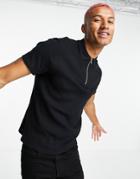 Asos Design Waffle Zip Polo In Black