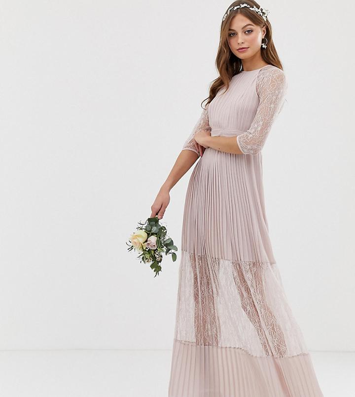 Tfnc Bridesmaid Exclusive Pleated Maxi Dress With Lace Insert In Taupe-brown