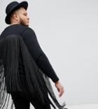 Asos Plus Relaxed Longline Long Sleeve T-shirt With Extreme Fringe Back - Black