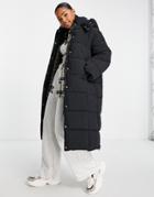 Pull & Bear Longline Padded Coat With Hood In Black