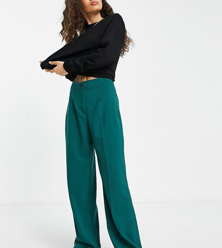 Bershka Petite Wide Leg Slouchy Tailored Dad Pants In Dark Green