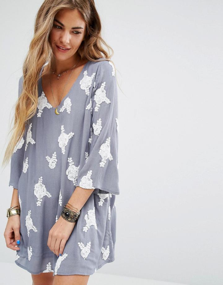 Honey Punch V Neck Swing Dress With All Over Embroidery - Blue