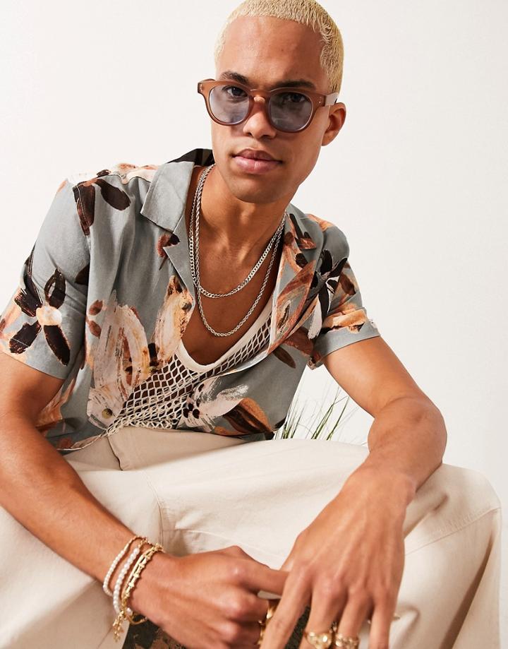 Asos Design Round Sunglasses In Brown With Light Blue Lens