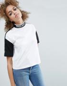 Asos Top With Over-rated Print Trim And Mesh Sleeve In Boxy Fit - Whit