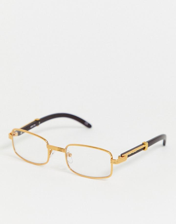 Asos Design Rectangle Clear Lens Glasses With Gold Arm Detail